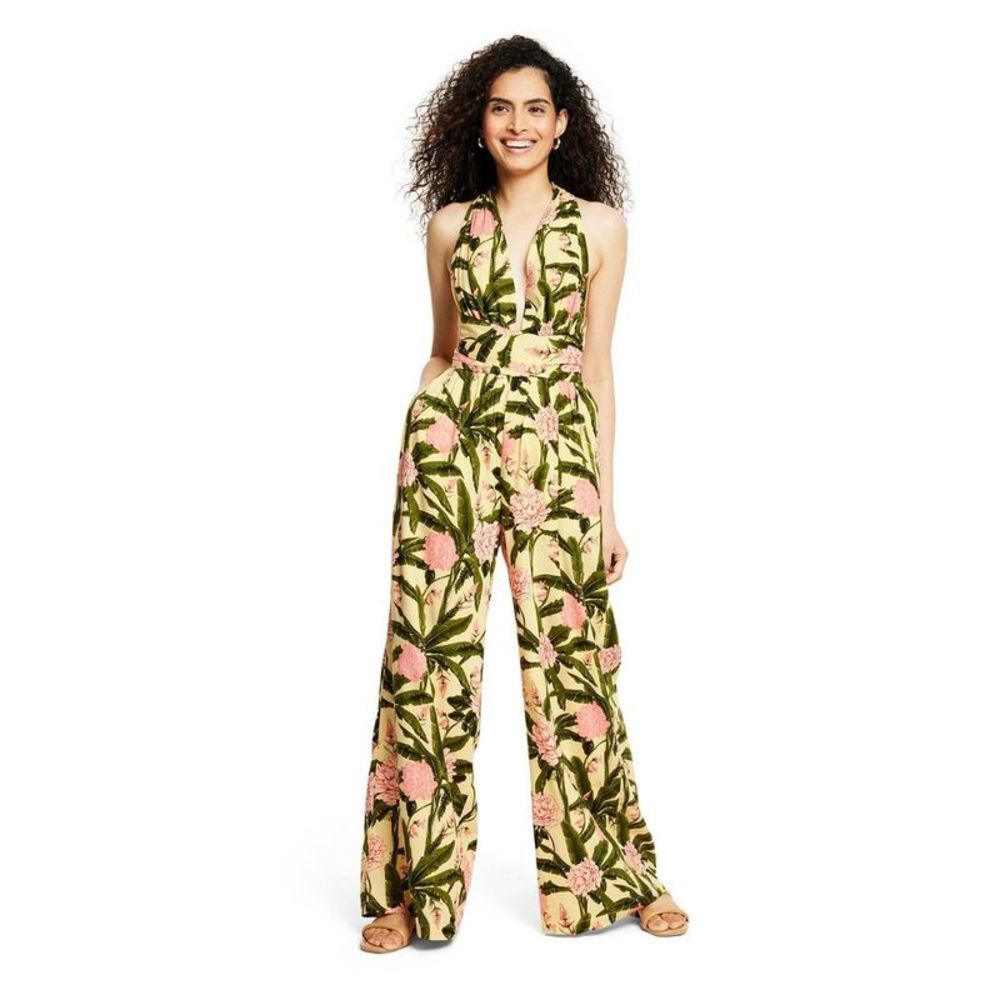 Women's Peony Botanical Print Jumpsuit - Agua Bendita Yellow/Dark Olive S